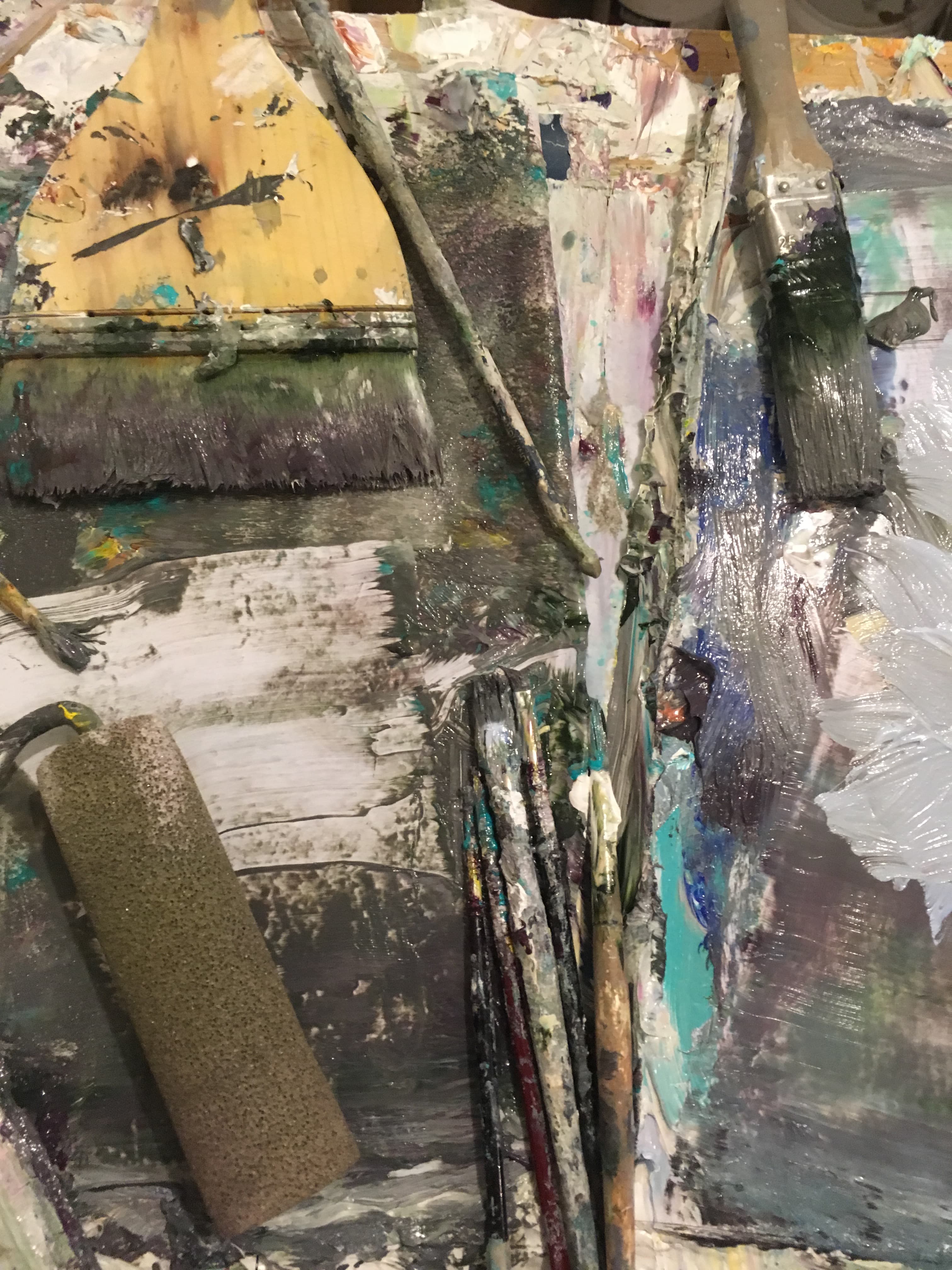 Shane Norrie paintbrushes and roller on a palette