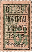 1945 Montreal Tramways ticket numbered 011250
