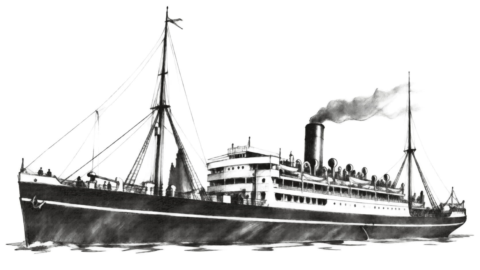 Vintage engraving of a steamship with two masts and a trailing plume of smoke