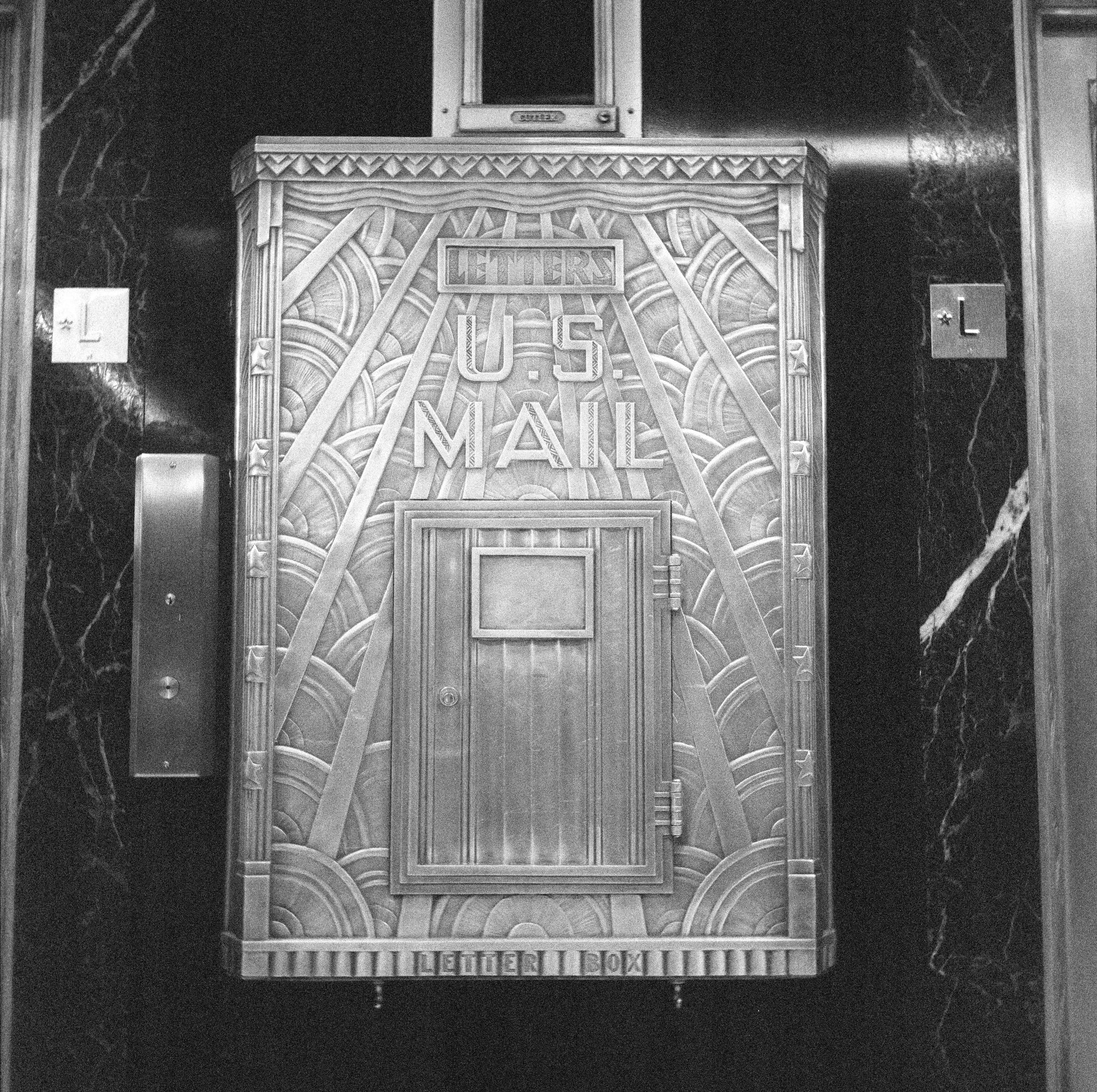 Art Deco U.S. Mail letter box in the marble lobby of 116 John Street