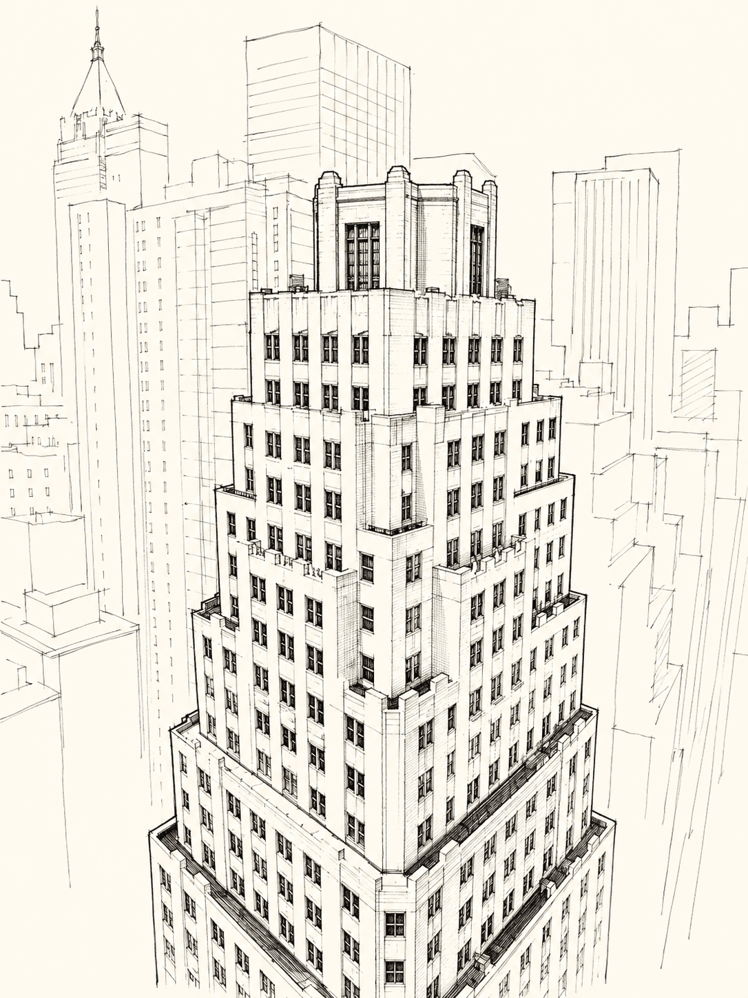 Ink drawing of 116 John Street's stepped Art Deco profile among surrounding towers