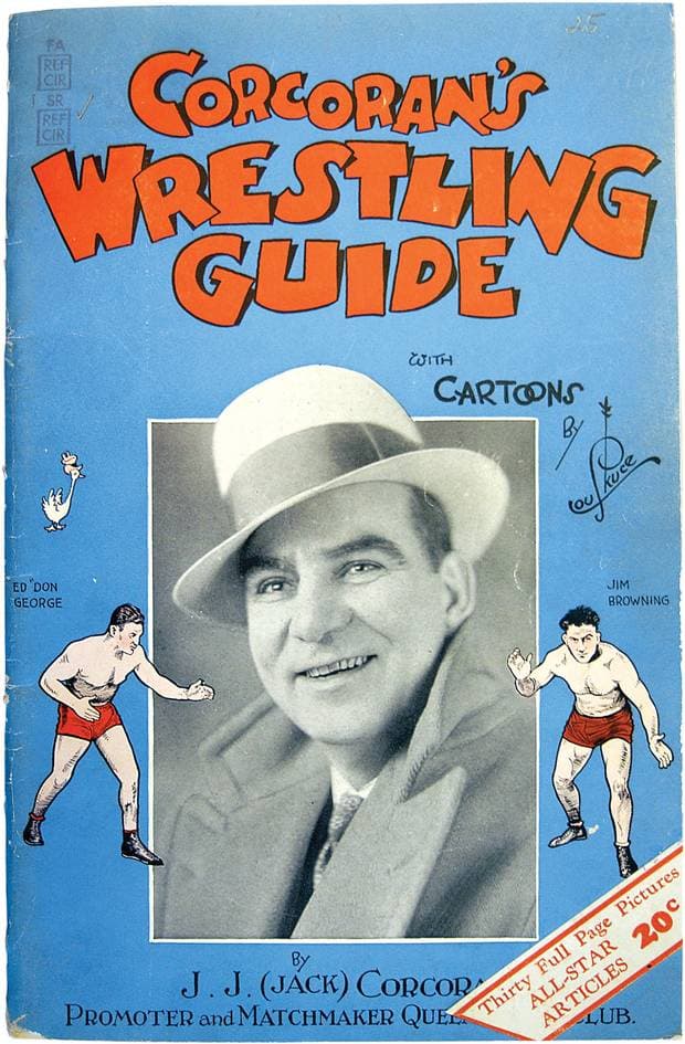Cover of Corcoran's Wrestling Guide by Lou Skuce, with a portrait of J. J. (Jack) Corcoran