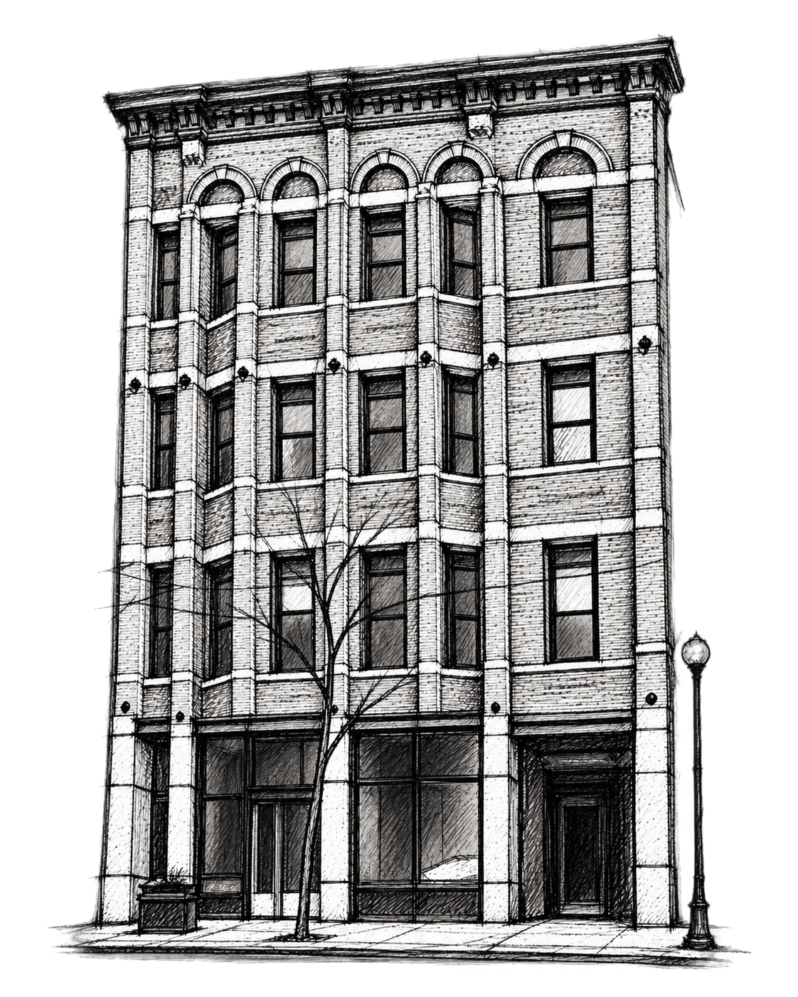 Pencil illustration of the four-storey Romanesque Revival Nealon House on King Street East