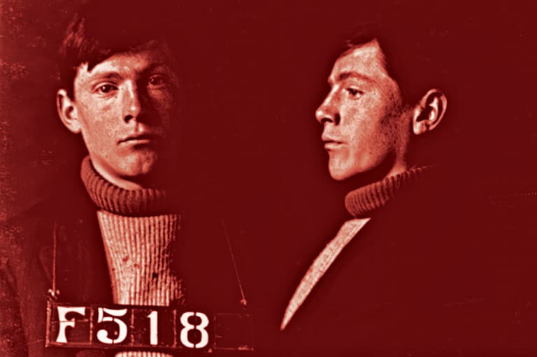 Police mugshot of Norman Red Ryan, front and profile, with identification number F518