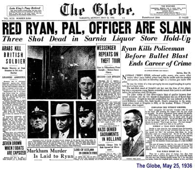 The Globe front page from 25 May 1936, headlined Red Ryan, Pal, Officer Are Slain