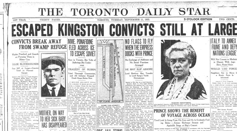 Toronto Daily Star front page from 11 September 1923, headlined Escaped Kingston Convicts Still at Large