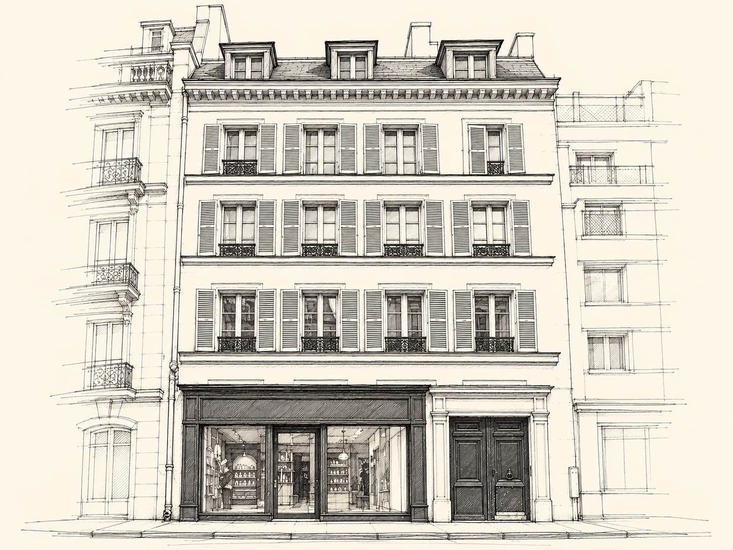 Architectural sketch of the Parisian townhouse at Nester Finn Champs-Élysées